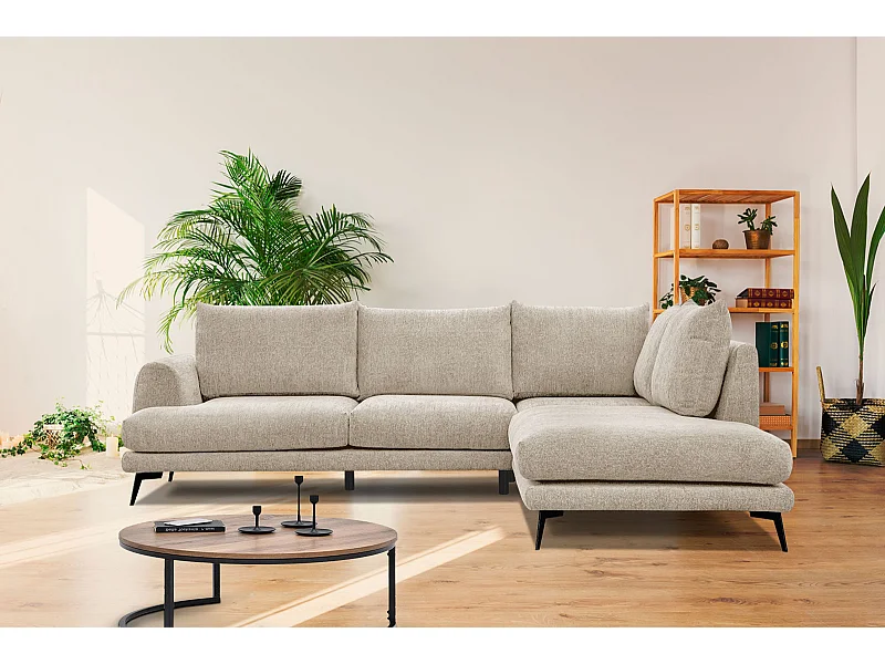 Canapé d'angle droit 5 places tissu beige