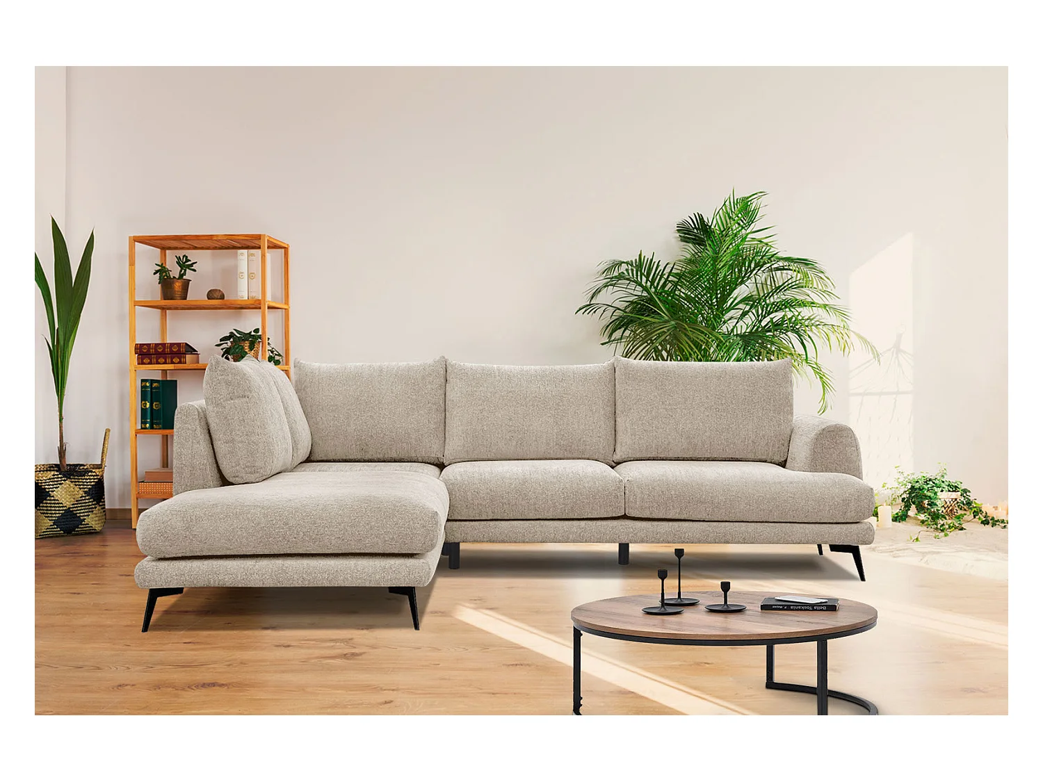 Canapé d'angle gauche 5 places tissu beige