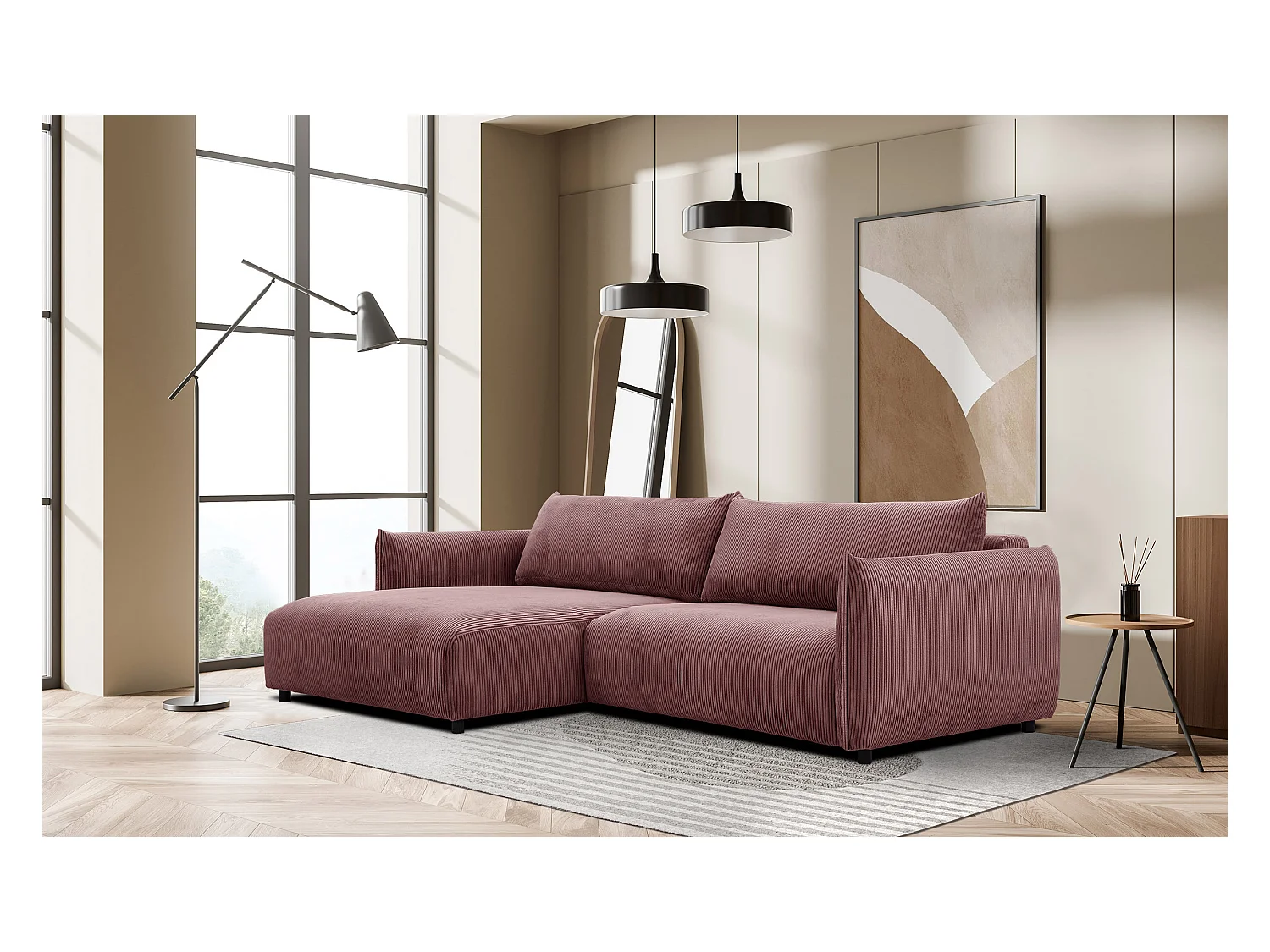 Canapé d'angle gauche 4 places tissu vieux rose - TAUER