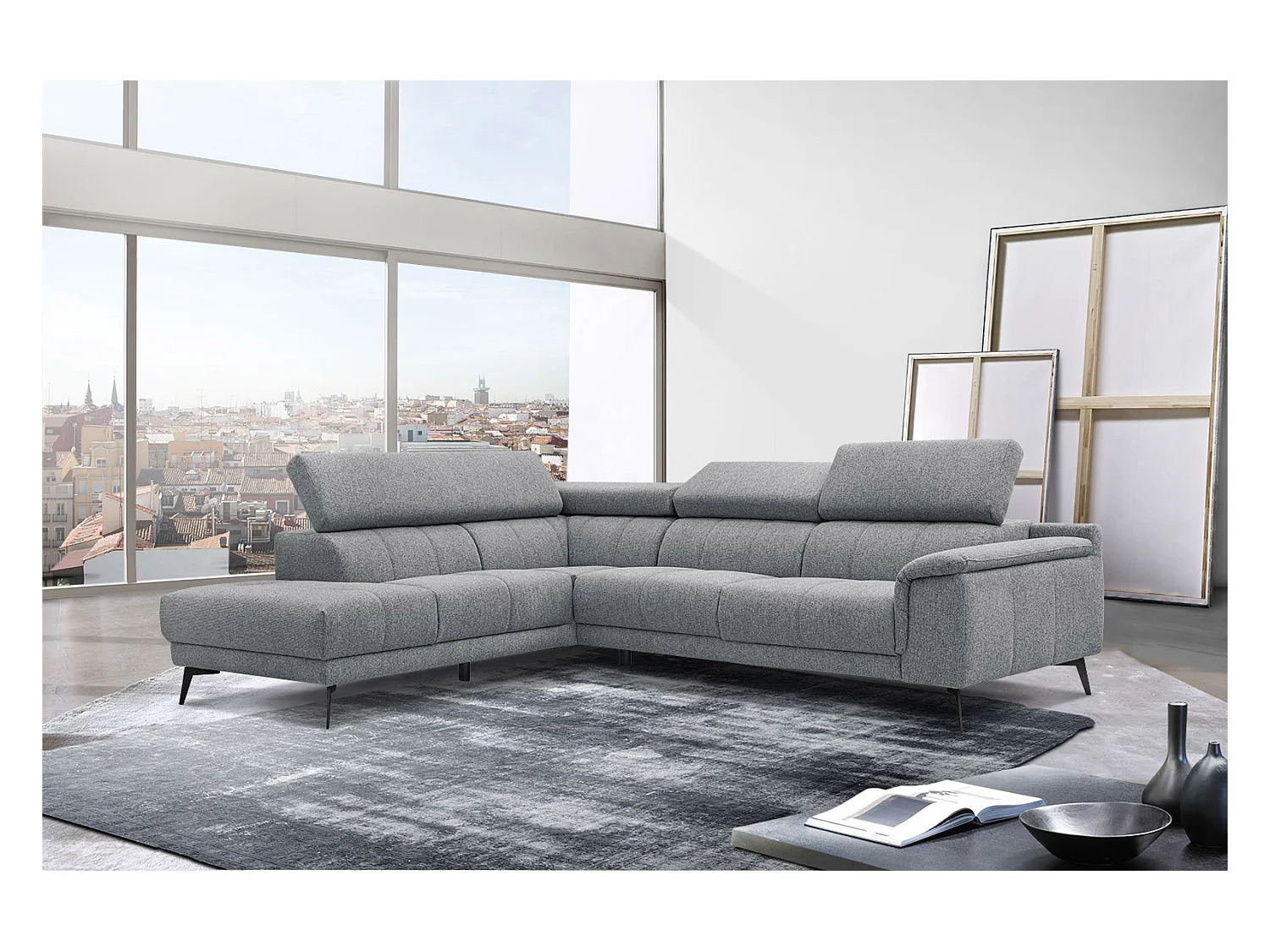 Canapé d'angle gauche 5 places tissu gris moyen - Fiero