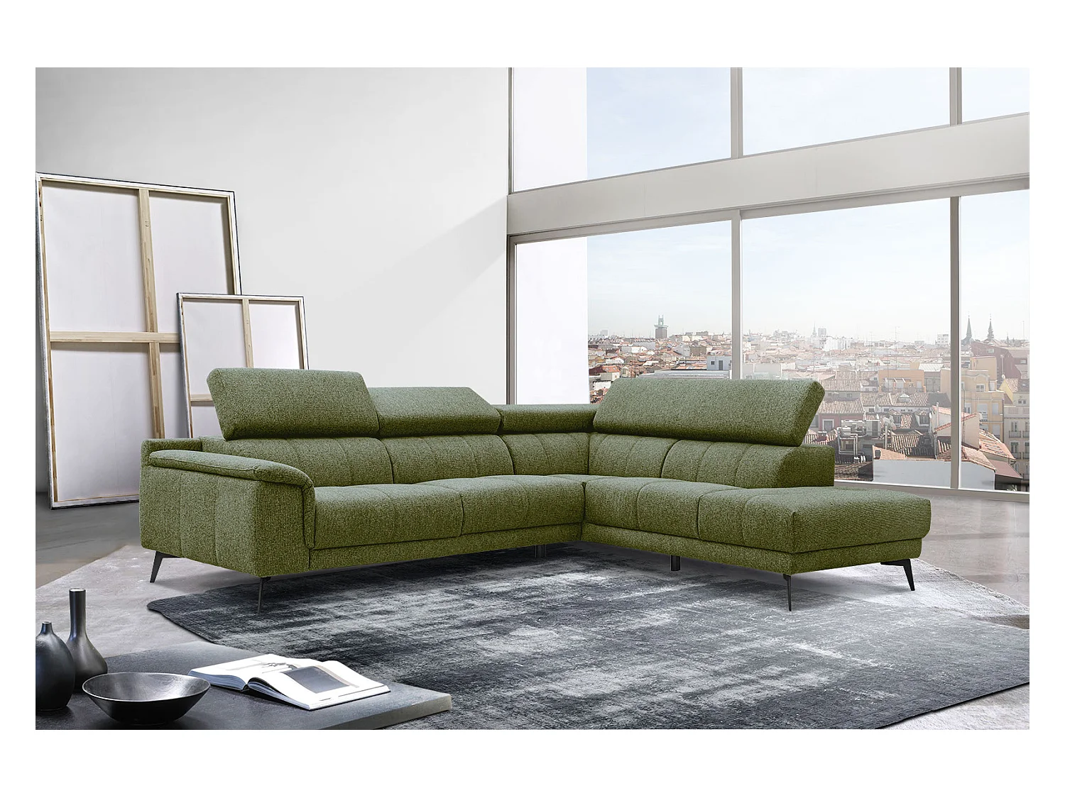 Canapé d'angle droit 5 places tissu vert foncé - Fiero