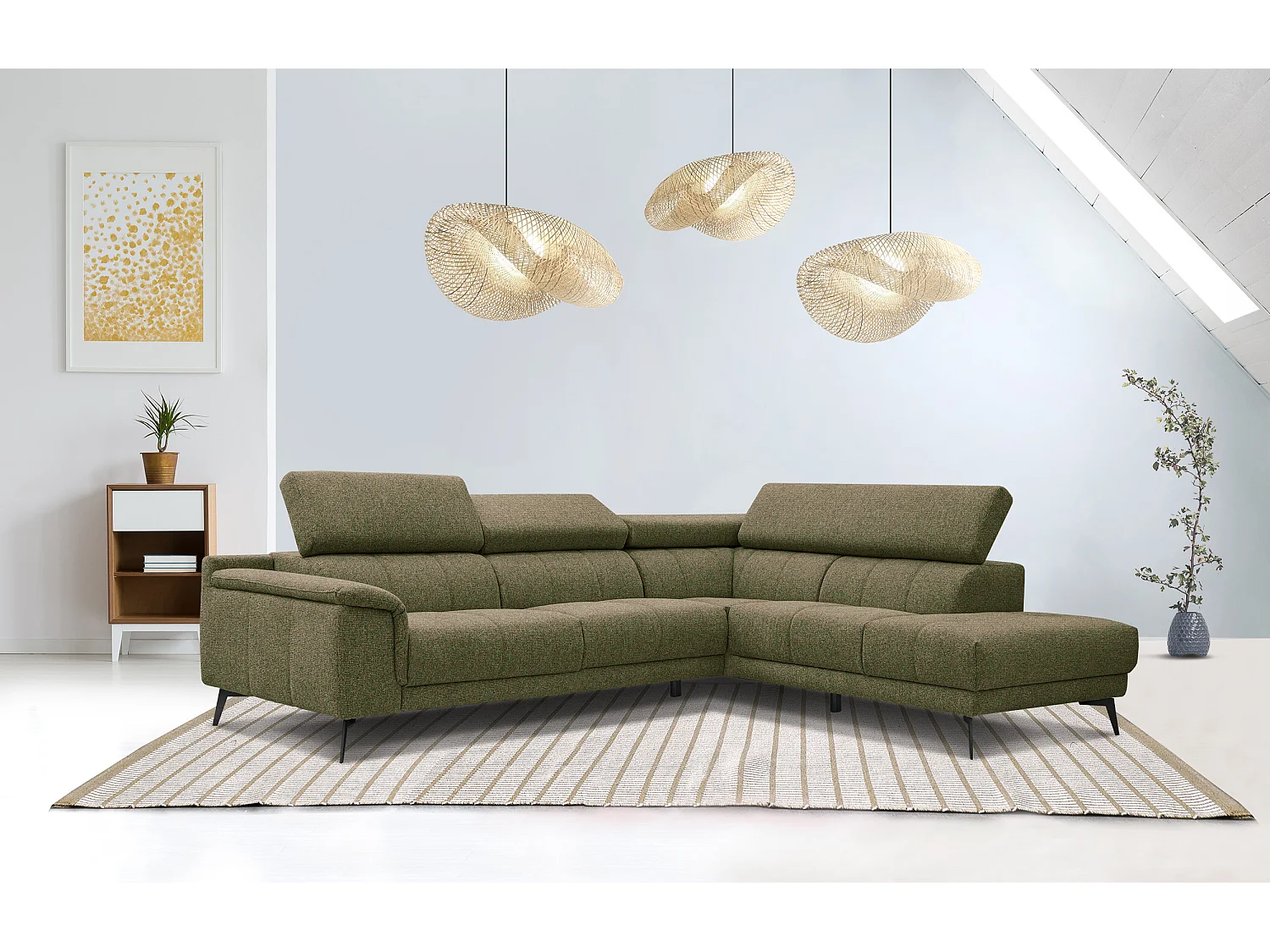 Canapé d'angle droit 5 places tissu vert foncé - Fiero