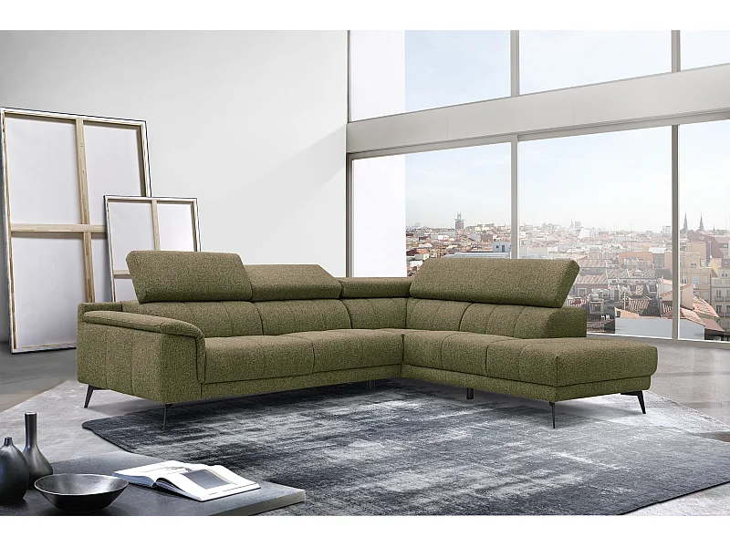 Canapé d'angle droit 5 places tissu vert foncé - Fiero