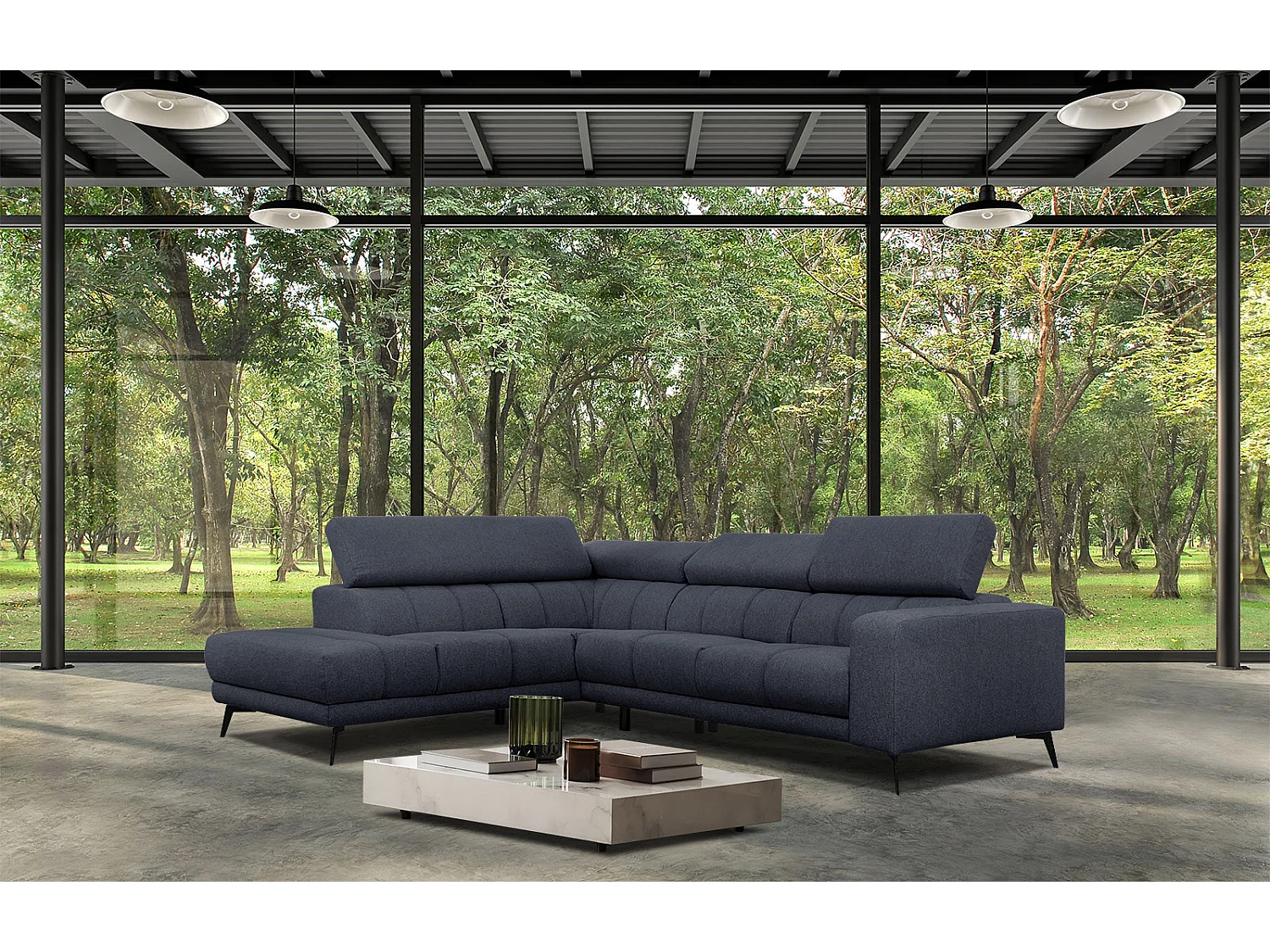 MORELLO Ecksofa 5-Sitzer links mit verstellbare Kopfstützen, marineblau