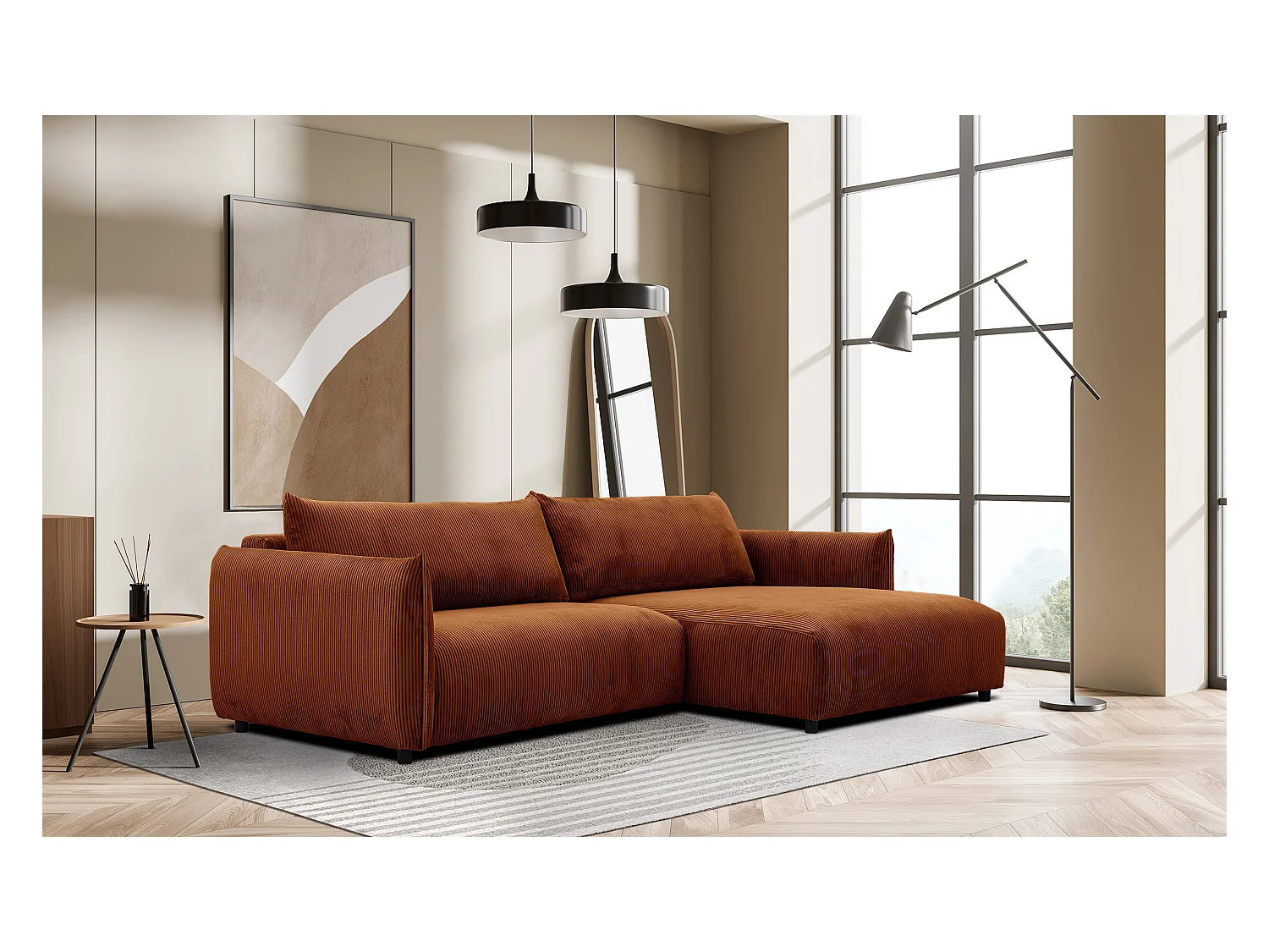 Canapé d'angle droit 4 places tissu orange- TAUER