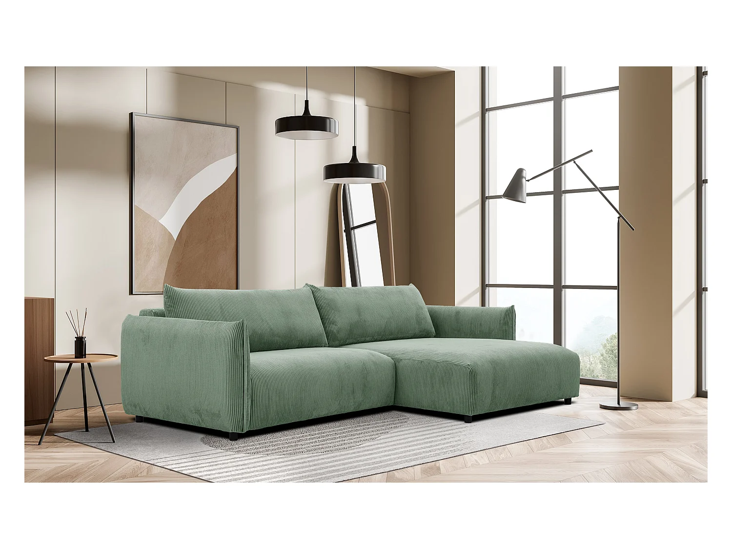 Canapé d'angle droit 4 places tissu vert menthe - TAUER