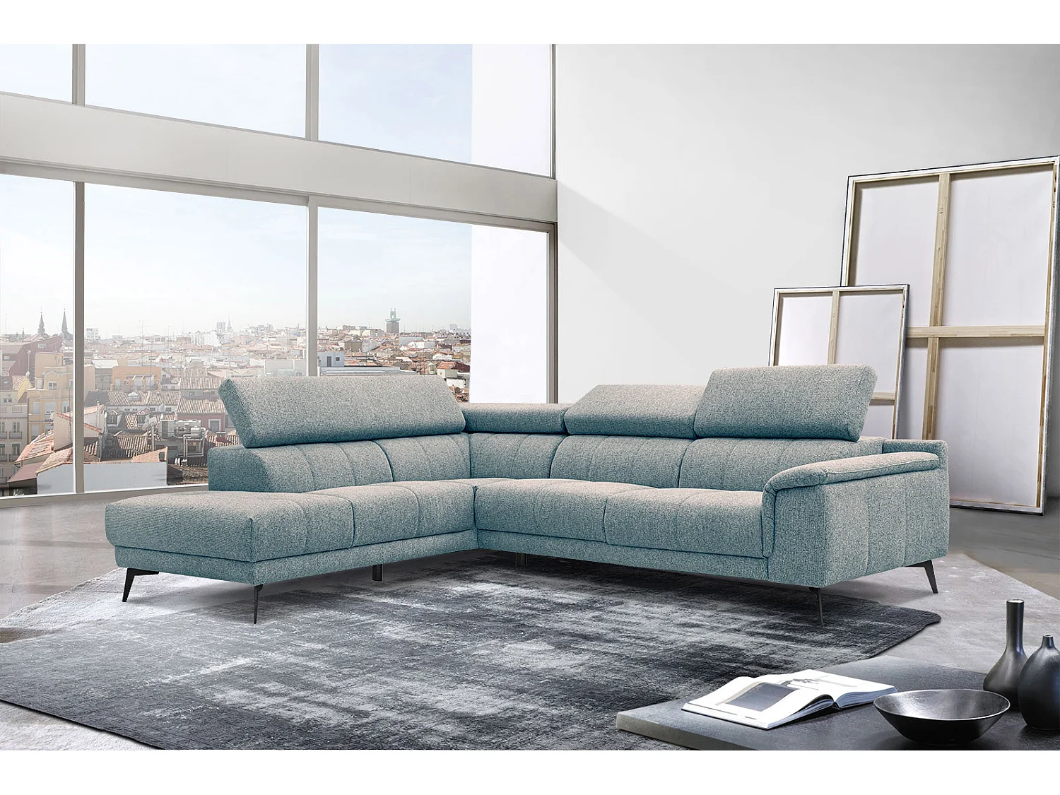 FIERO Ecksofa 5-Sitzer links mit verstellbare Kopfstützen, mint