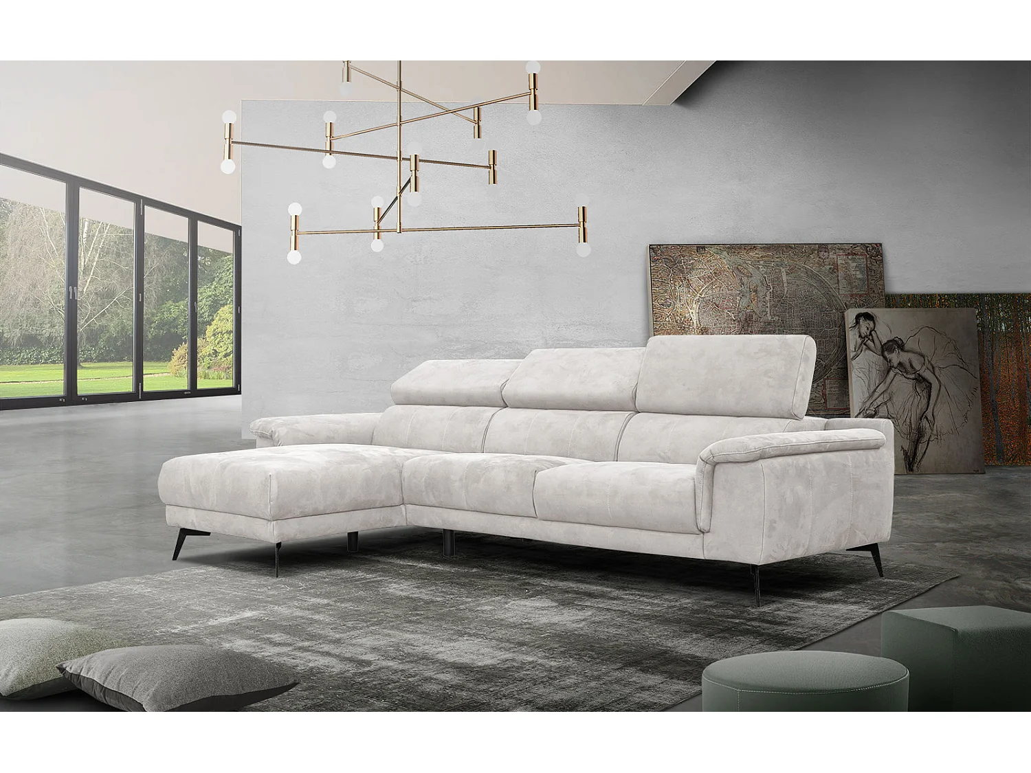 FIERO Ecksofa 4-Sitzer links mit verstellbare Kopfstützen, ecru