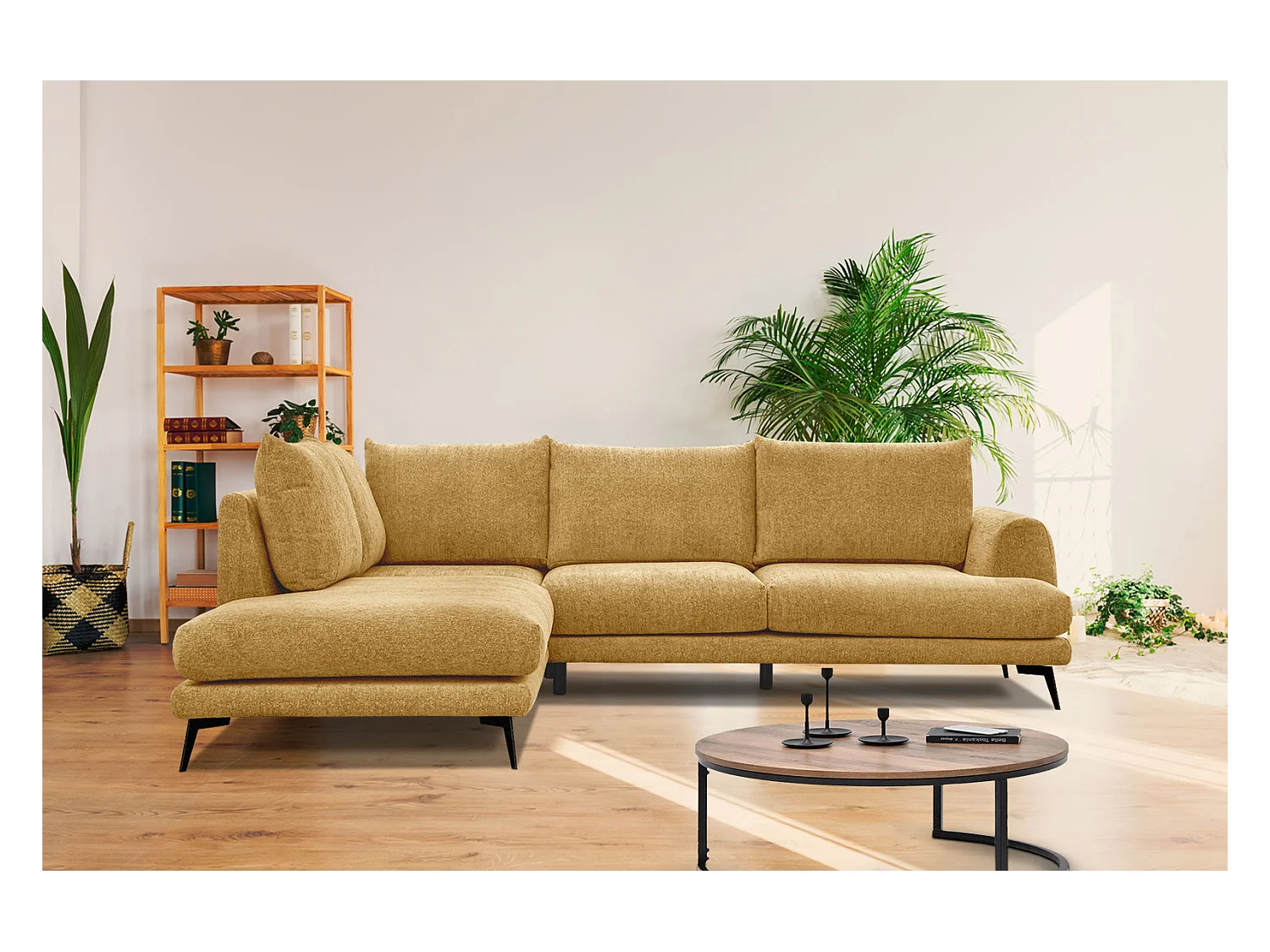 Canapé d'angle gauche 5 places tissu jaune
