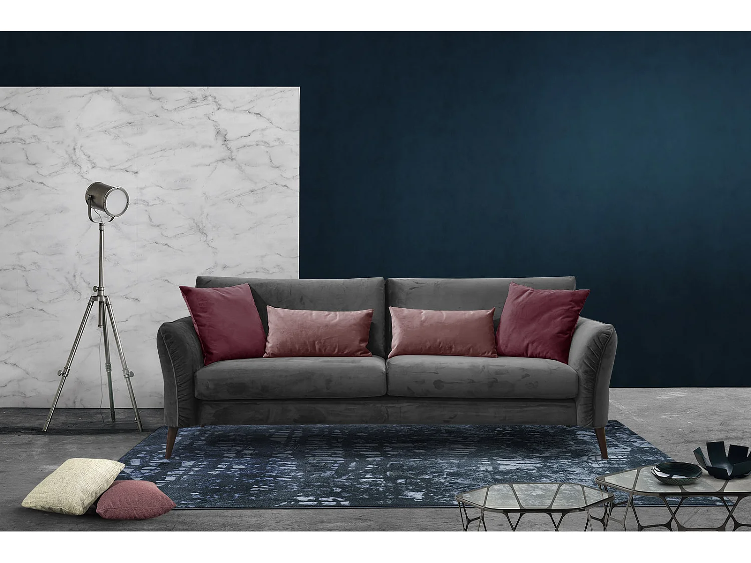 CANAPE FIGARI 3 places tissu bleu-gris