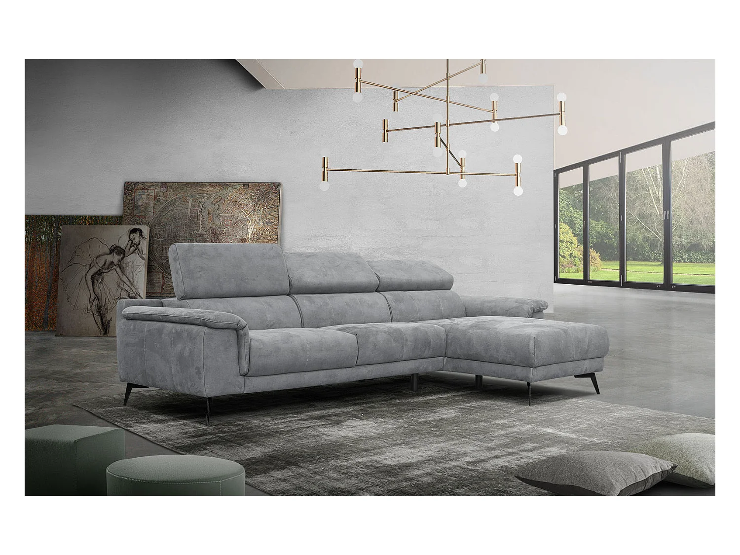 FIERO Ecksofa 4-Sitzer rechts mit verstellbare Kopfstützen, grau