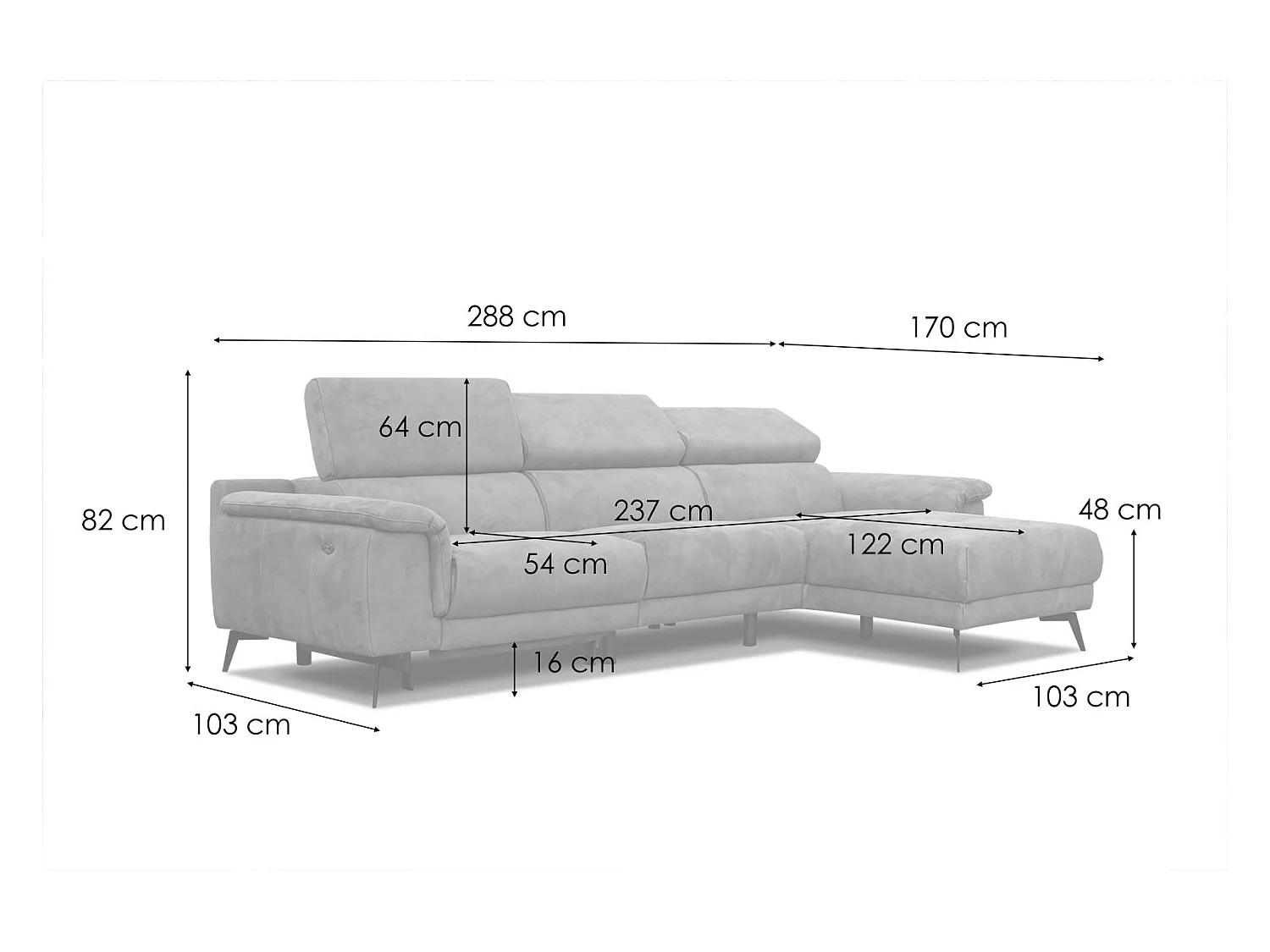 FIERO Ecksofa 4-Sitzer rechts mit verstellbare Kopfstützen, grau