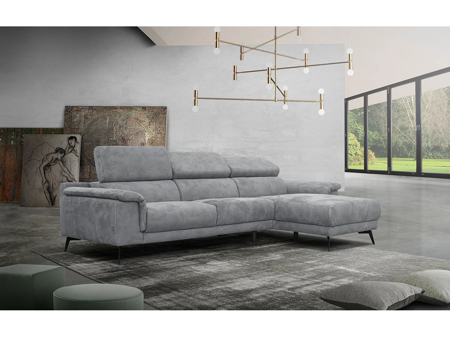 FIERO Ecksofa 4-Sitzer rechts mit verstellbare Kopfstützen, grau