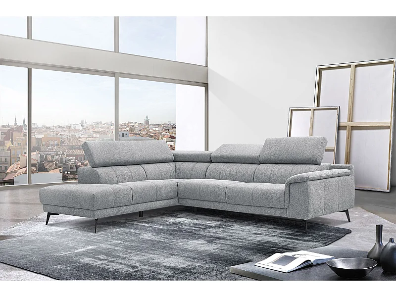 FIERO Ecksofa 5-Sitzer links mit verstellbare Kopfstützen, silbergrau