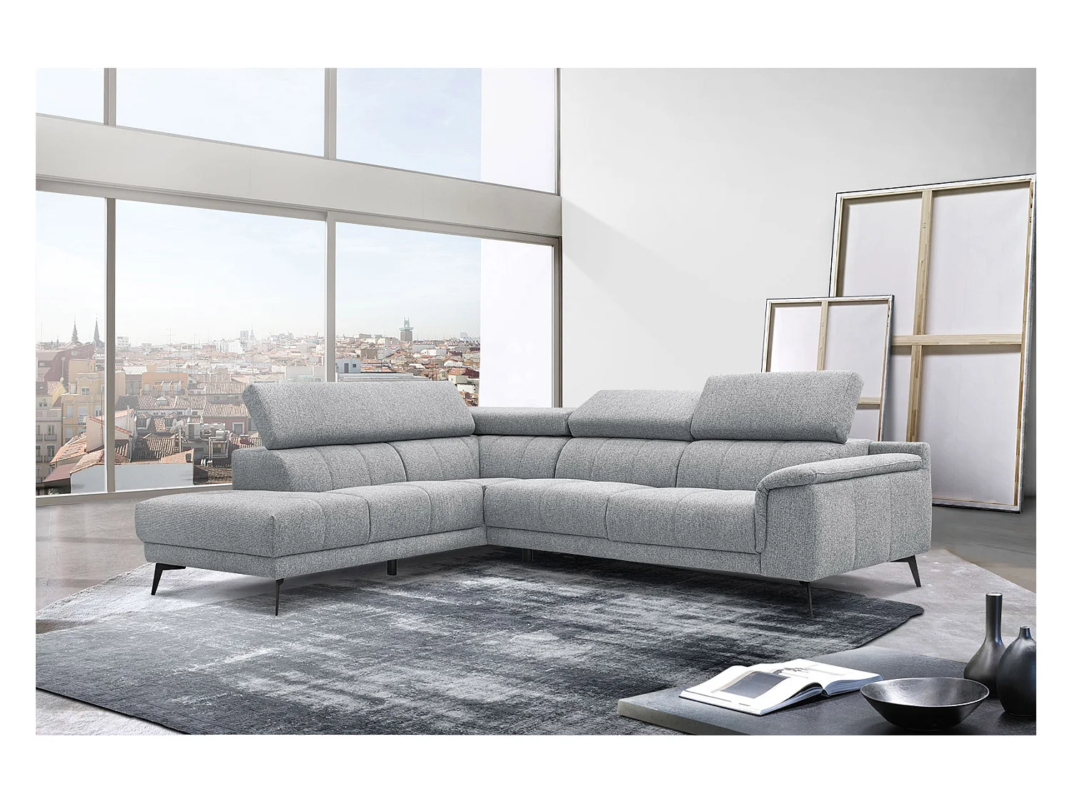 Canapé d'angle gauche 5 places tissu gris clair - Fiero
