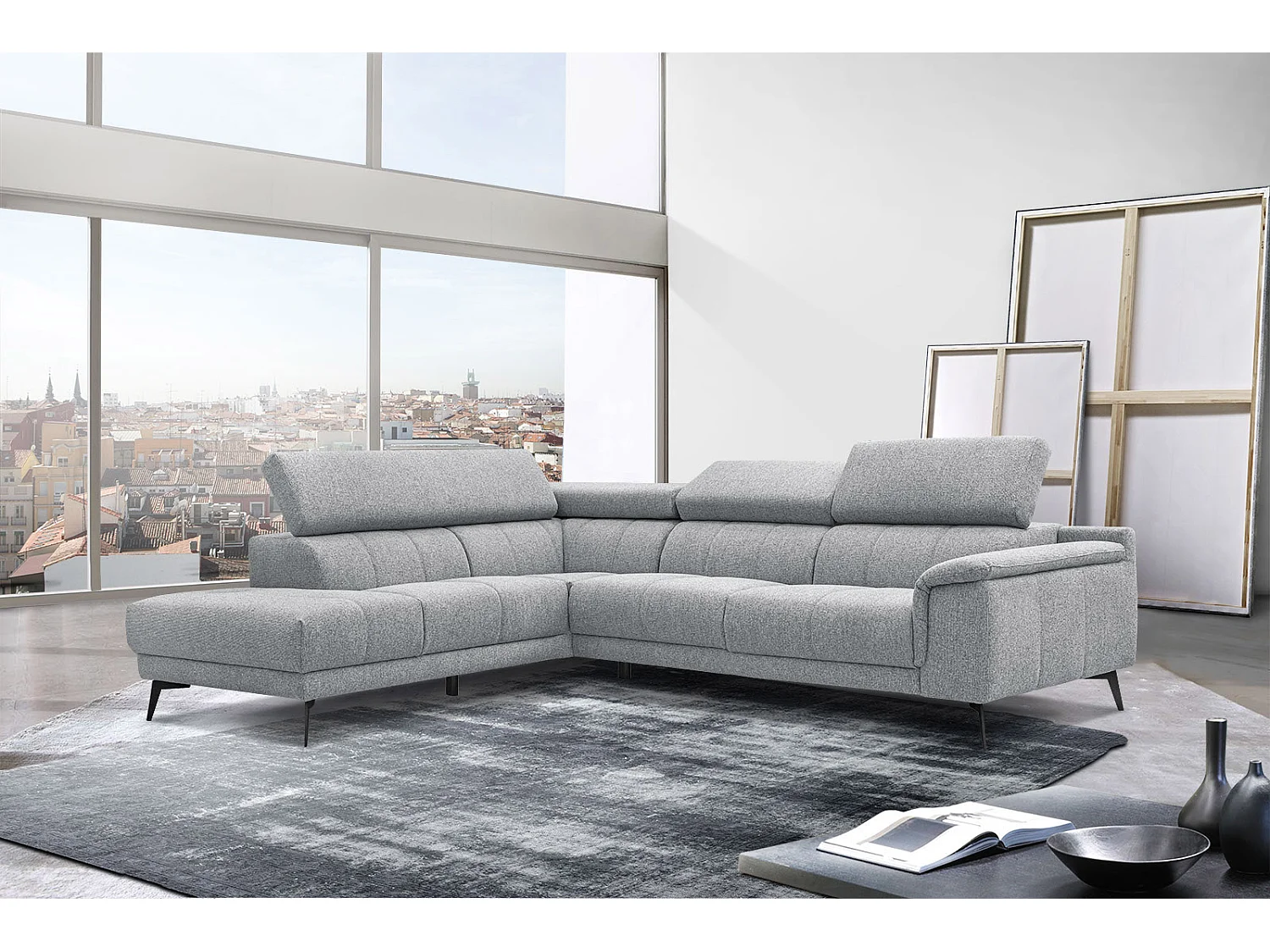 FIERO Ecksofa 5-Sitzer links mit verstellbare Kopfstützen, silbergrau