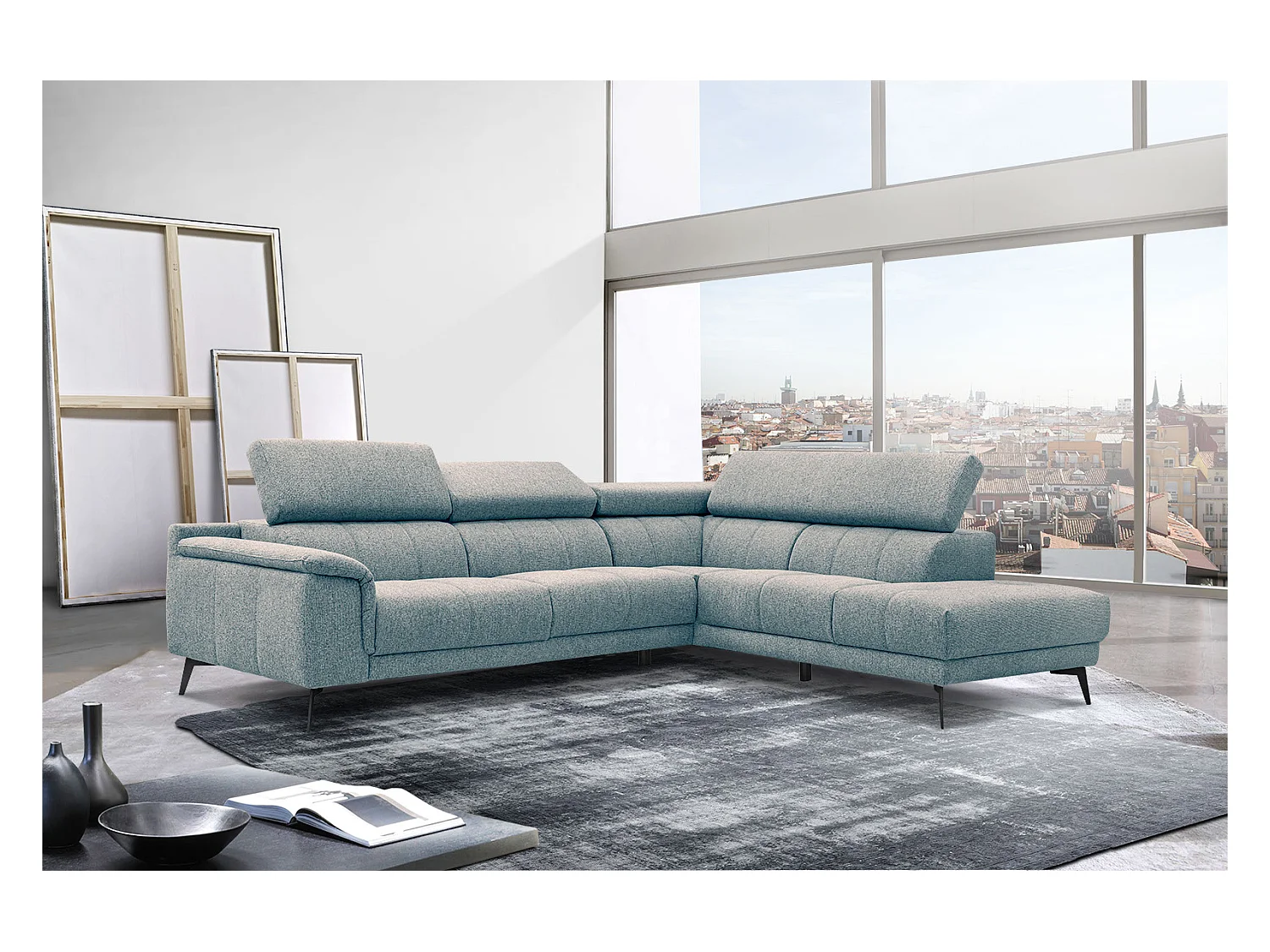 Canapé d'angle droit 5 places tissu vert marine - Fiero