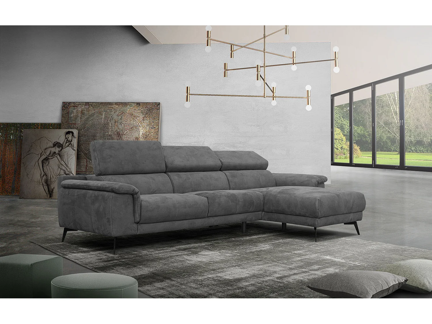 FIERO Ecksofa 4-Sitzer rechts mit verstellbare Kopfstützen, dunkelgrau