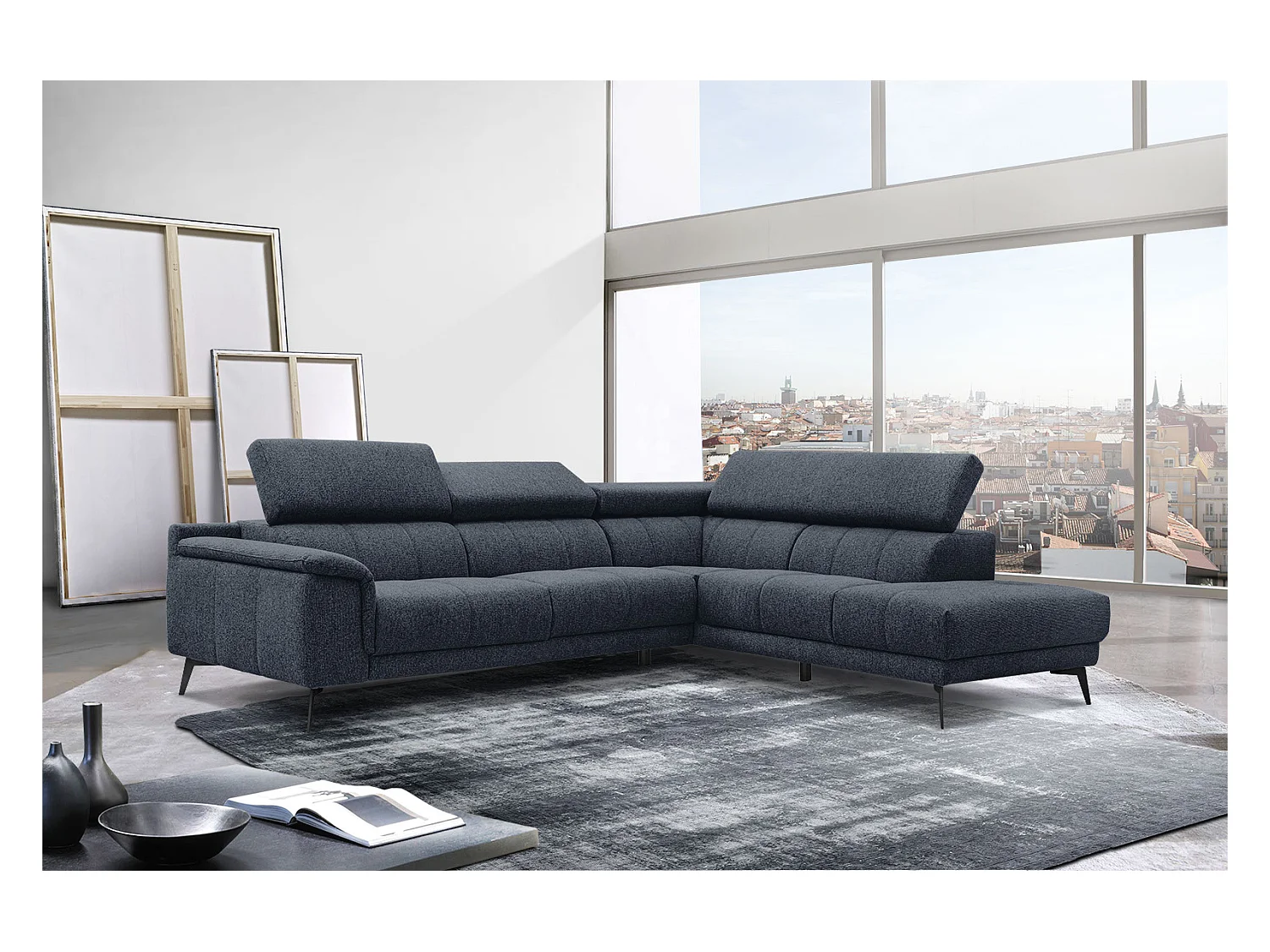 Canapé d'angle droit 5 places tissu bleu - Fiero