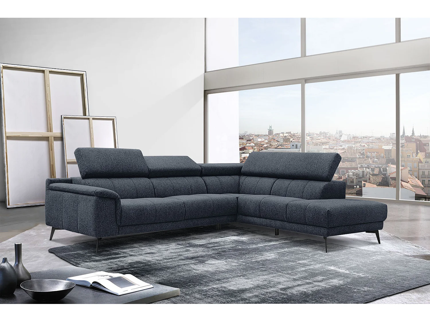 Canapé d'angle droit 5 places tissu bleu - Fiero