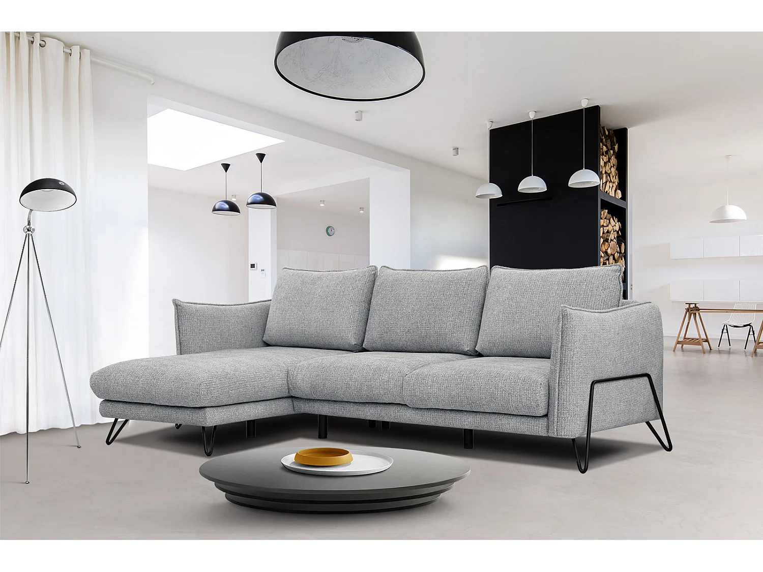 Canapé d'angle gauche 4 places tissu gris HOSTEN