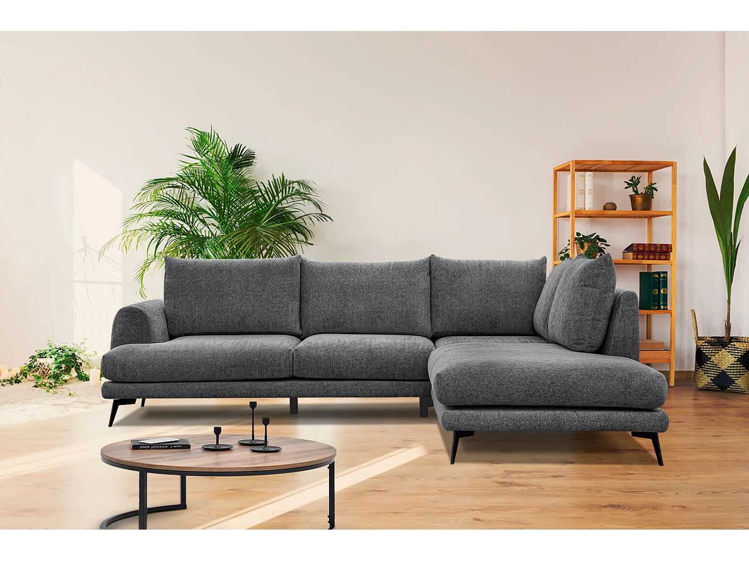 Canapé d'angle droit 5 places tissu gris foncé