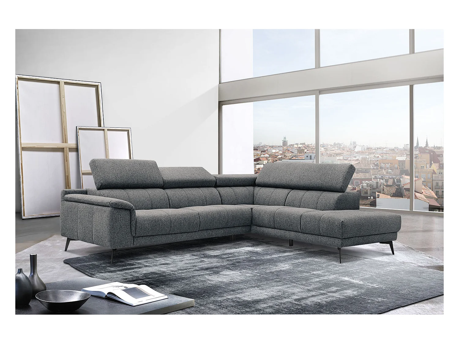FIERO Ecksofa 5-Sitzer rechts mit verstellbare Kopfstützen, dunkelgrau