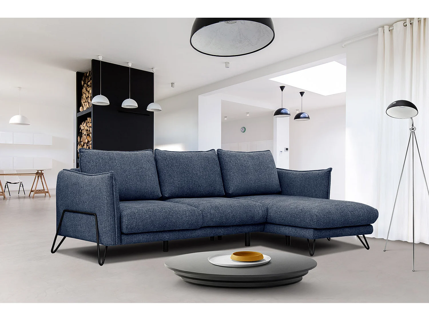 Canapé d'angle droit 4 places tissu bleu  HOSTEN