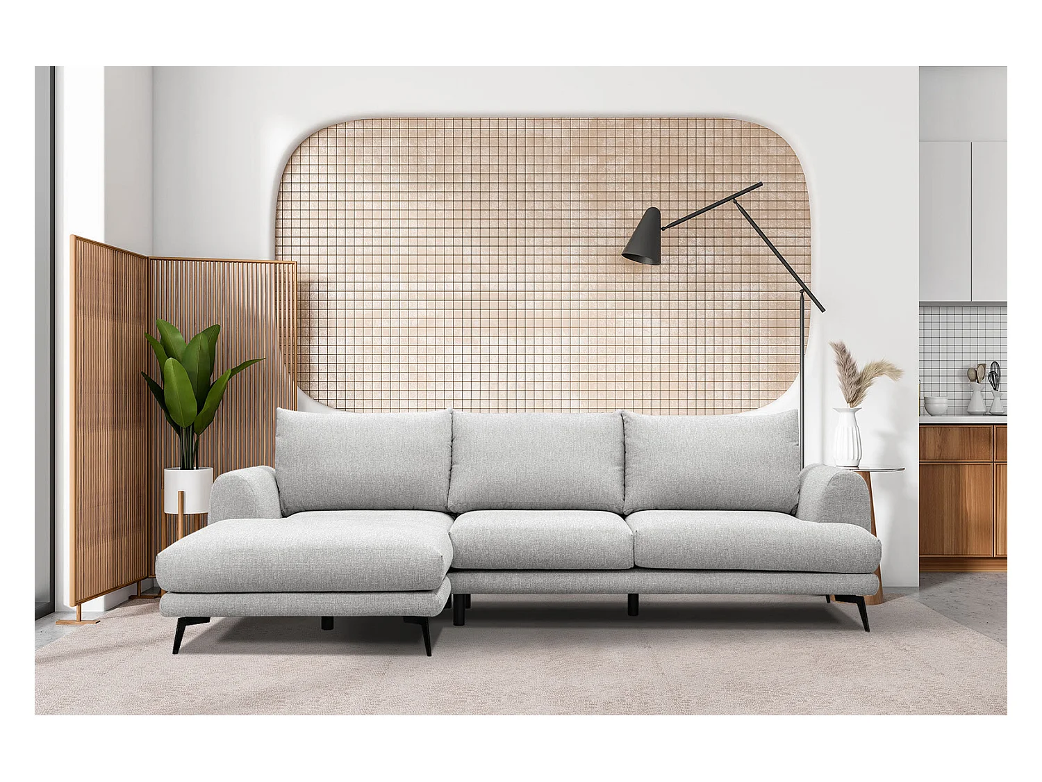Canapé d'angle gauche 4 places tissu beige clair - ADRIA