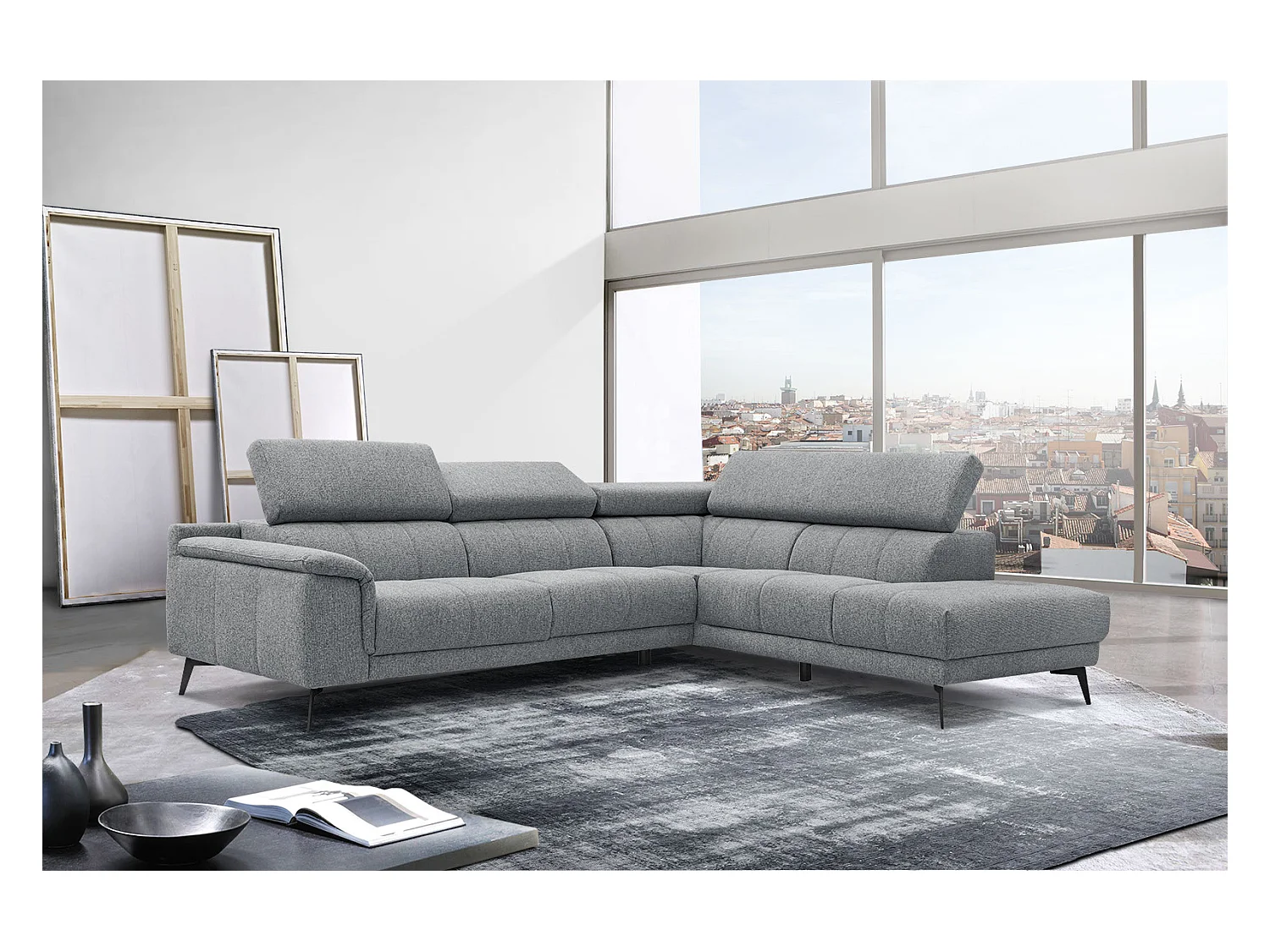 Canapé d'angle droit 5 places tissu gris moyen - Fiero