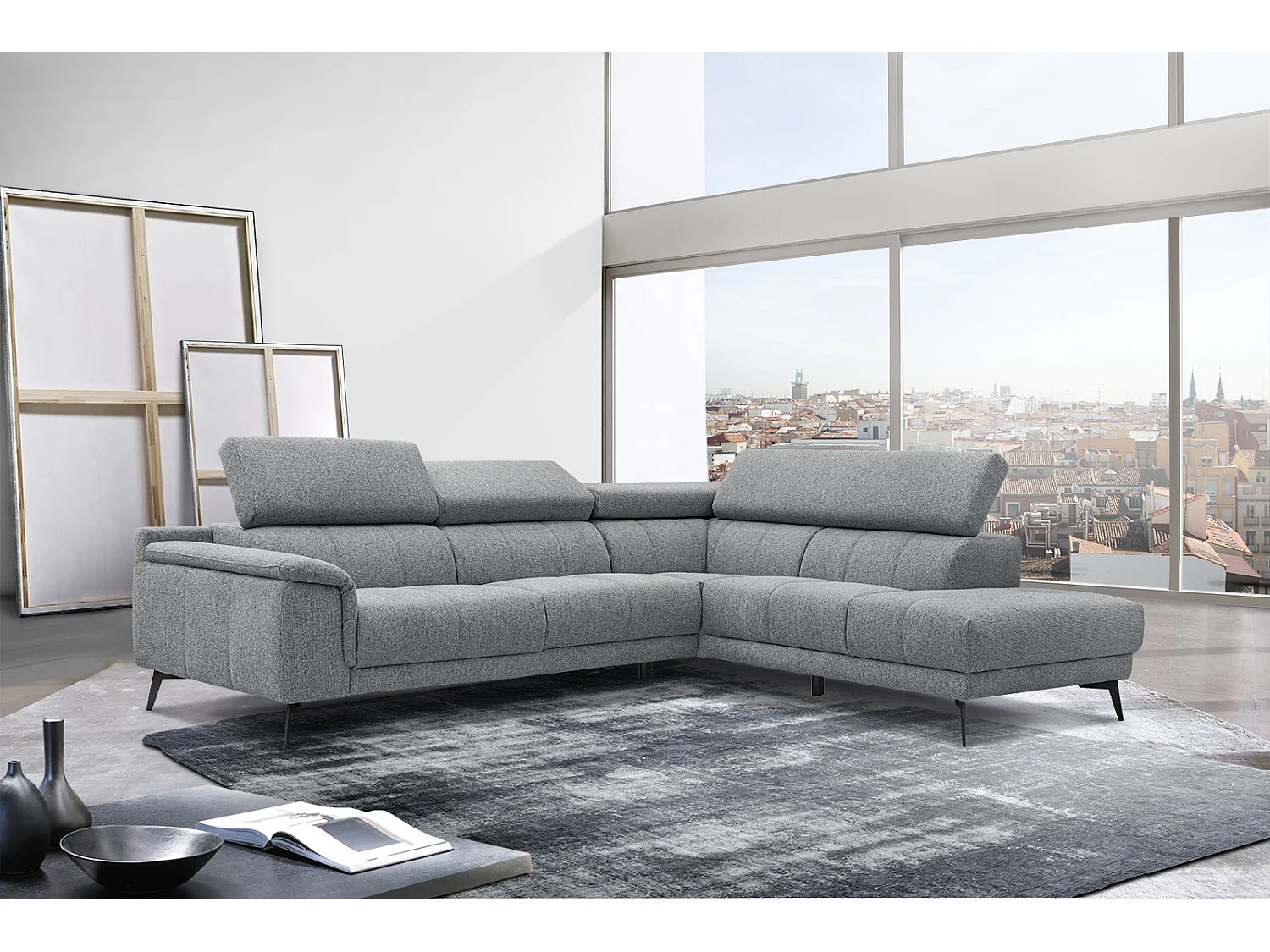 Canapé d'angle droit 5 places tissu gris moyen - Fiero