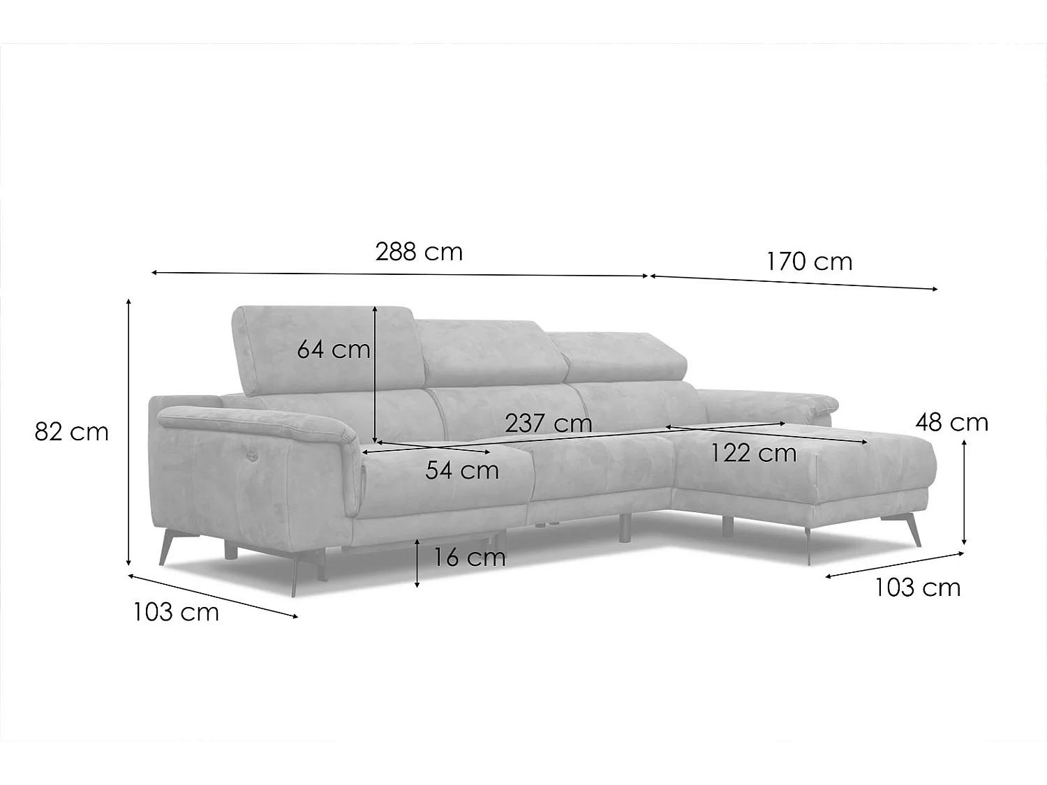 FIERO Ecksofa 4-Sitzer rechts mit verstellbare Kopfstützen, hellgrau
