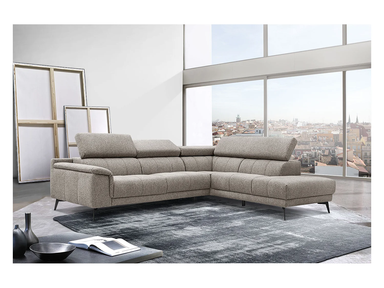 Canapé d'angle droit 5 places tissu marron clair - Fiero
