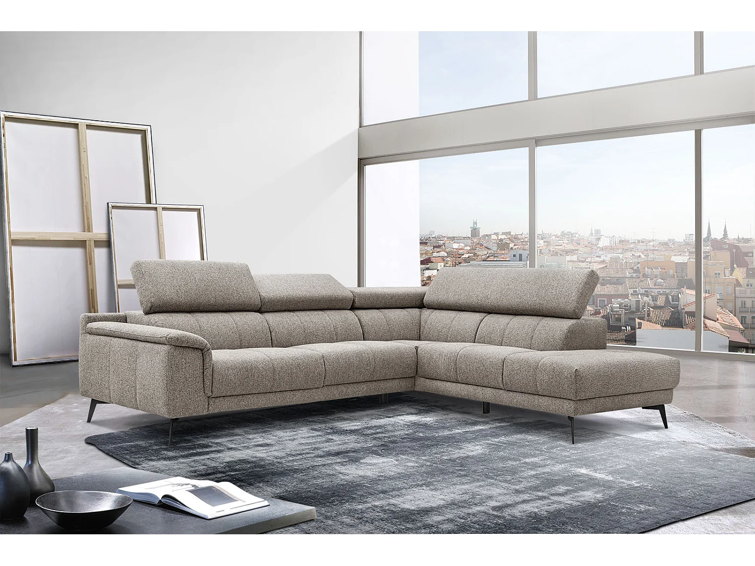 FIERO Ecksofa 5-Sitzer rechts mit verstellbare Kopfstützen, taupe