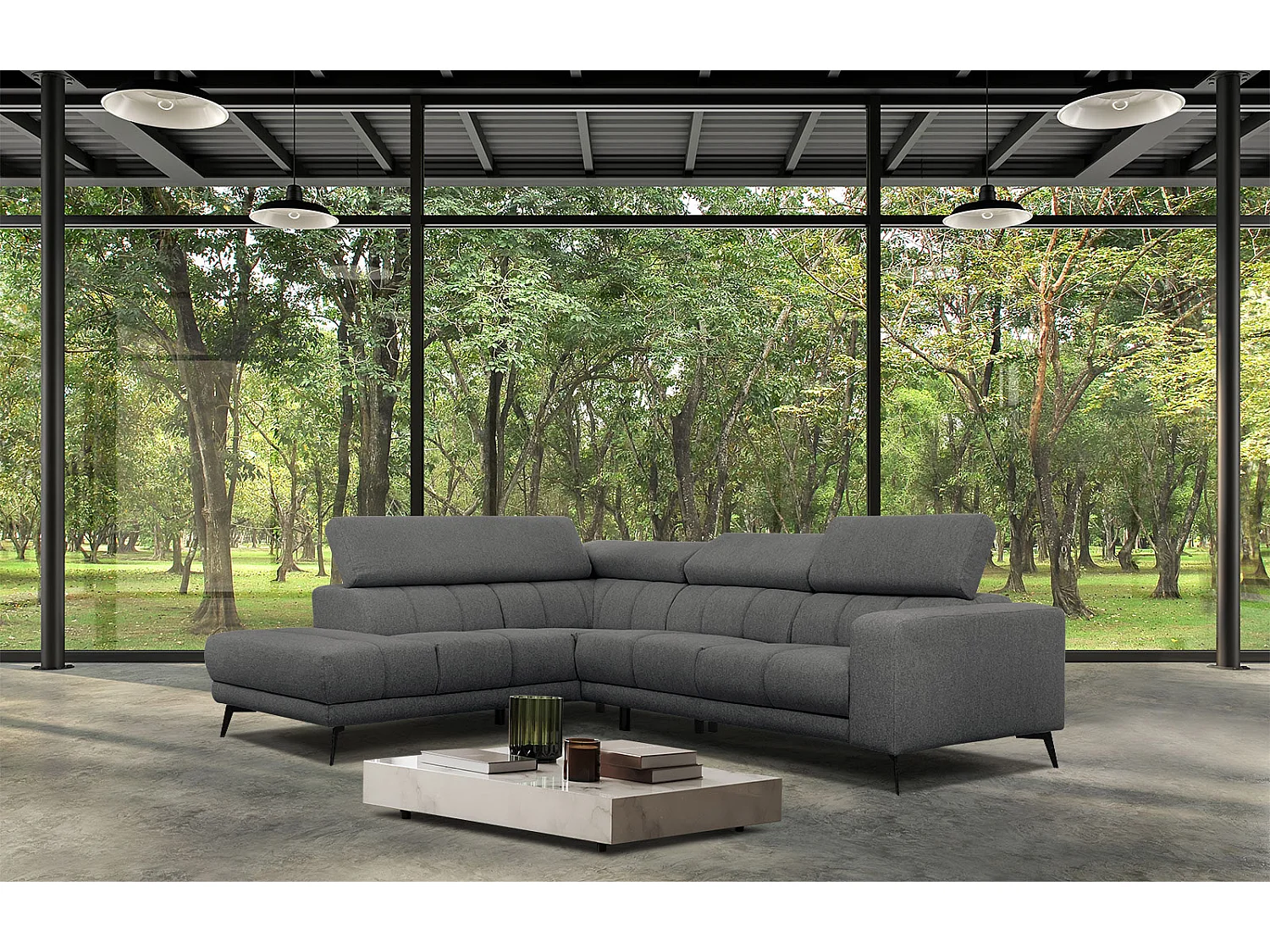MORELLO Ecksofa 5-Sitzer links mit verstellbare Kopfstützen, dunkelgrau