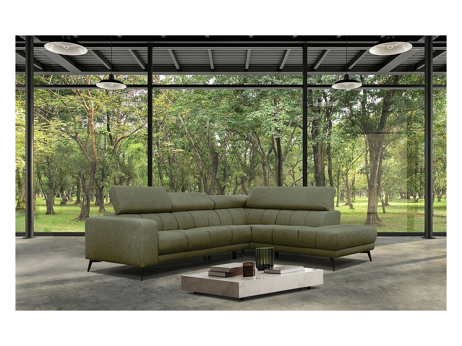 MORELLO Ecksofa 5-Sitzer rechts mit verstellbare Kopfstützen, olive