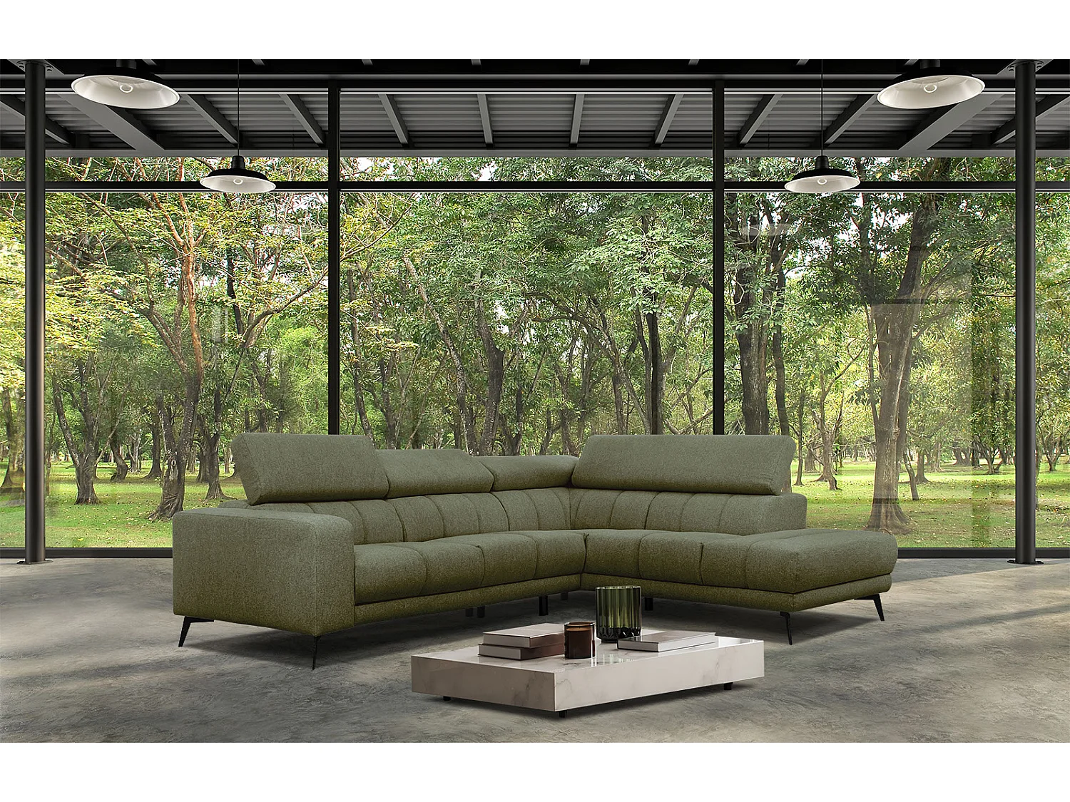 MORELLO Ecksofa 5-Sitzer rechts mit verstellbare Kopfstützen, olive