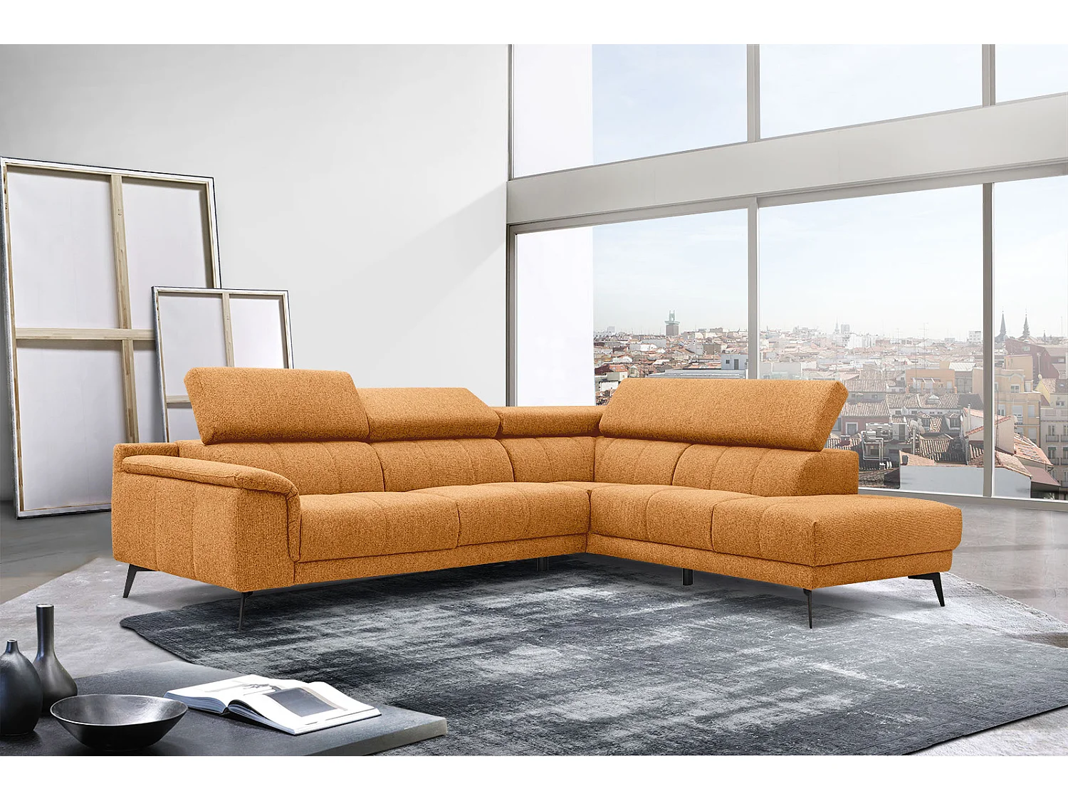 FIERO Ecksofa 5-Sitzer rechts mit verstellbare Kopfstützen, orange