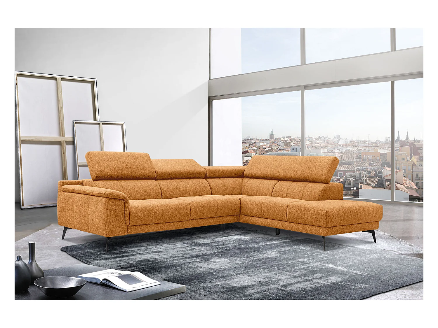 Canapé d'angle droit 5 places tissu orange - Fiero