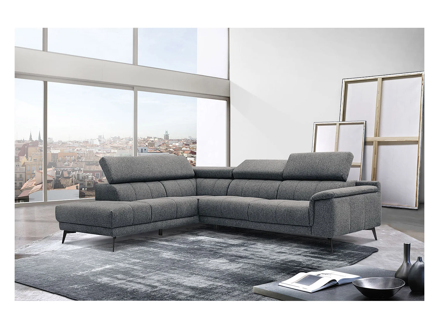Canapé d'angle gauche 5 places tissu gris - Fiero