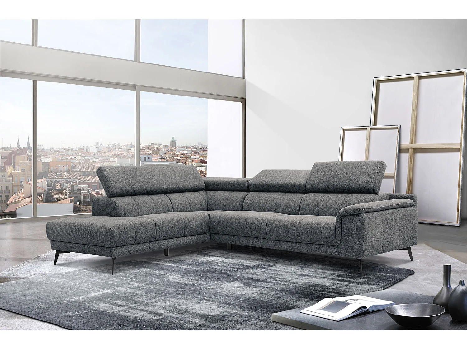 FIERO Ecksofa 5-Sitzer links mit verstellbare Kopfstützen, dunkelgrau