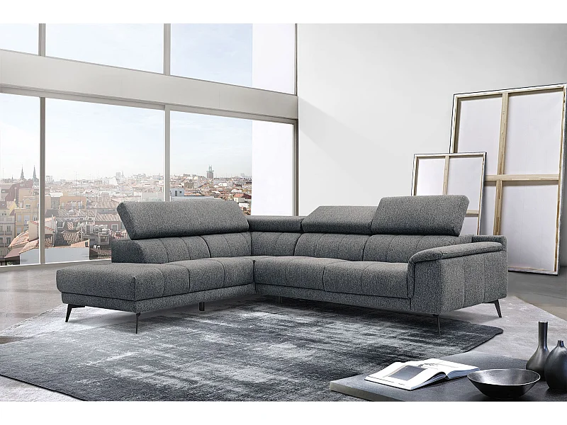 Canapé d'angle gauche 5 places tissu gris - Fiero