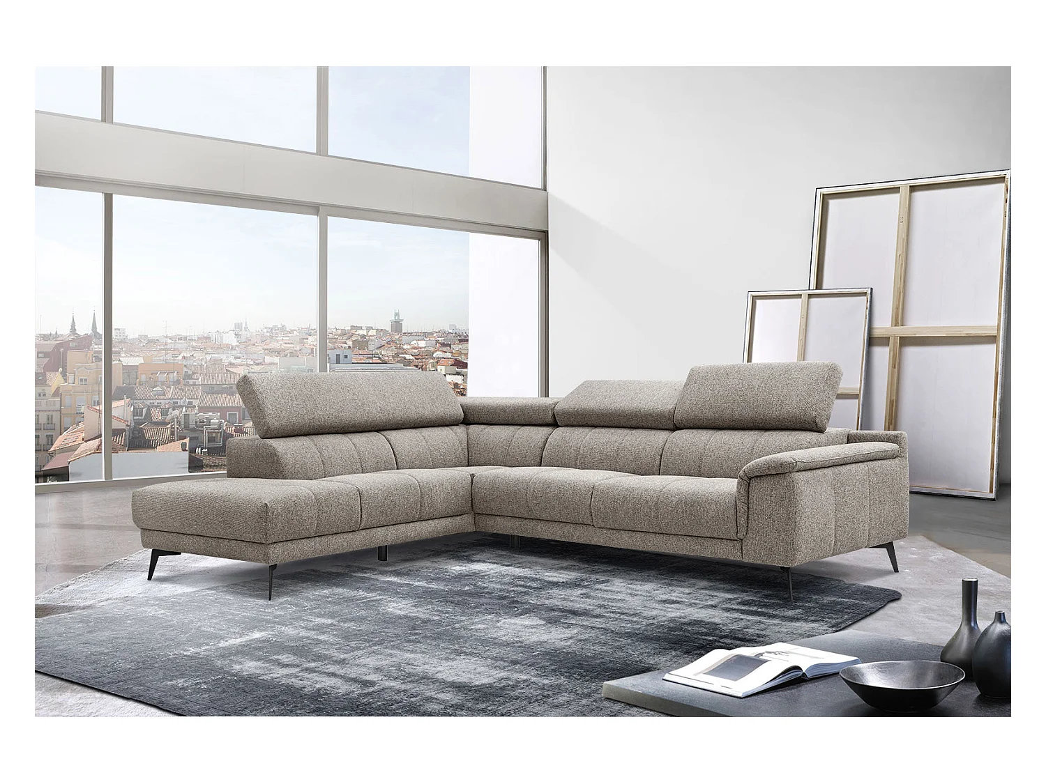 Canapé d'angle gauche 5 places tissu marron clair - Fiero