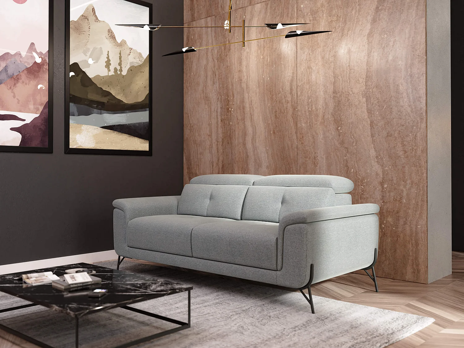 AVENA Sofa 3-Sitzer mit verstellbare Kopfstützen, silbergrau