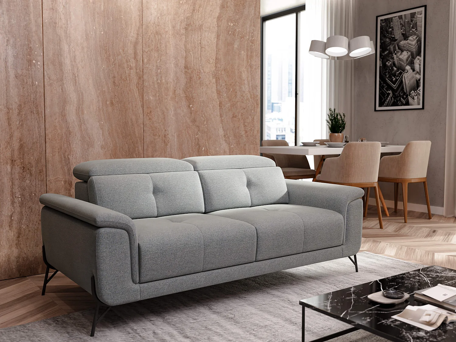 Canapé droit XXL 3 places tissu gris clair - AVENA