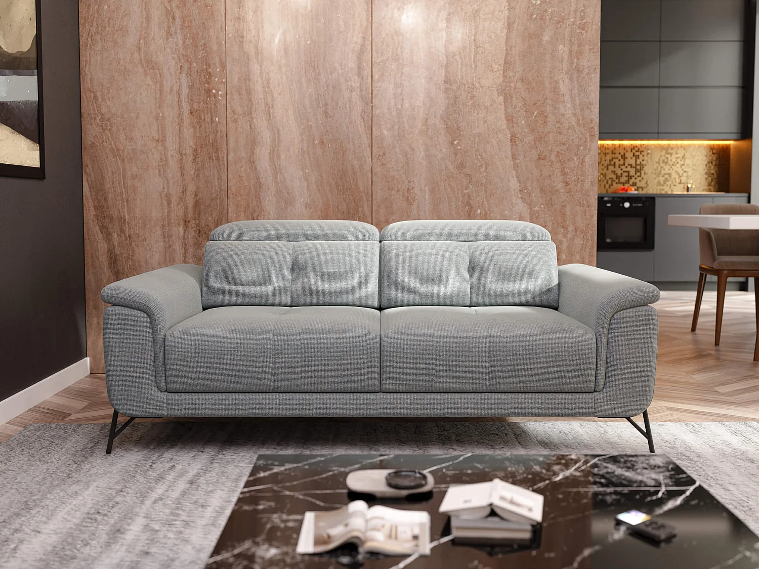 Canapé droit XXL 3 places tissu gris clair - AVENA