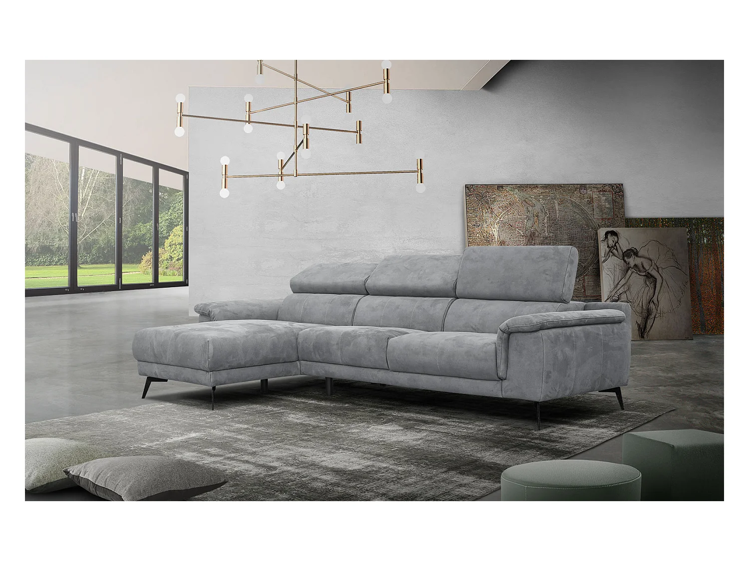 FIERO Ecksofa 4-Sitzer links mit verstellbare Kopfstützen, grau