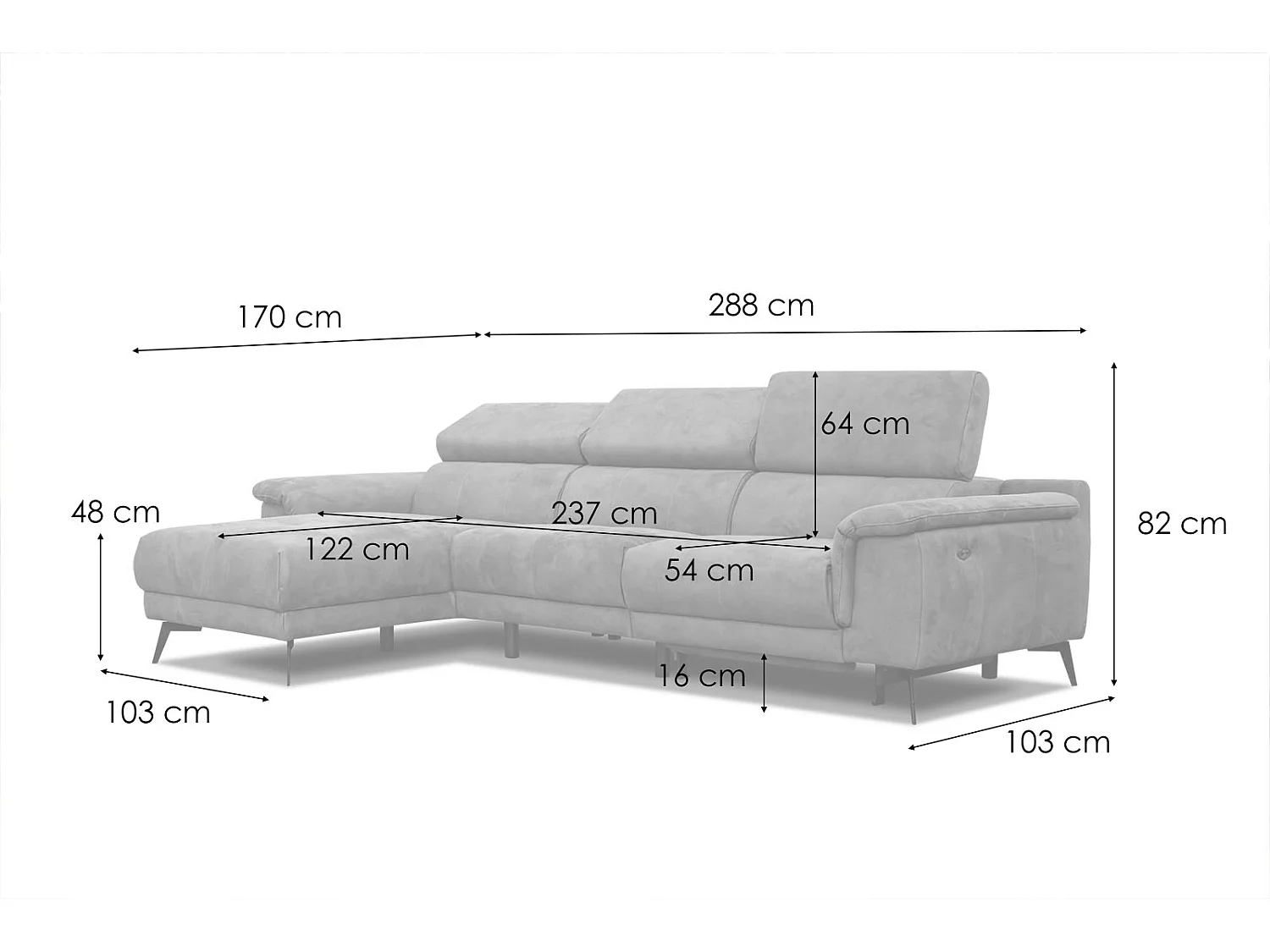 FIERO Ecksofa 4-Sitzer links mit verstellbare Kopfstützen, grau