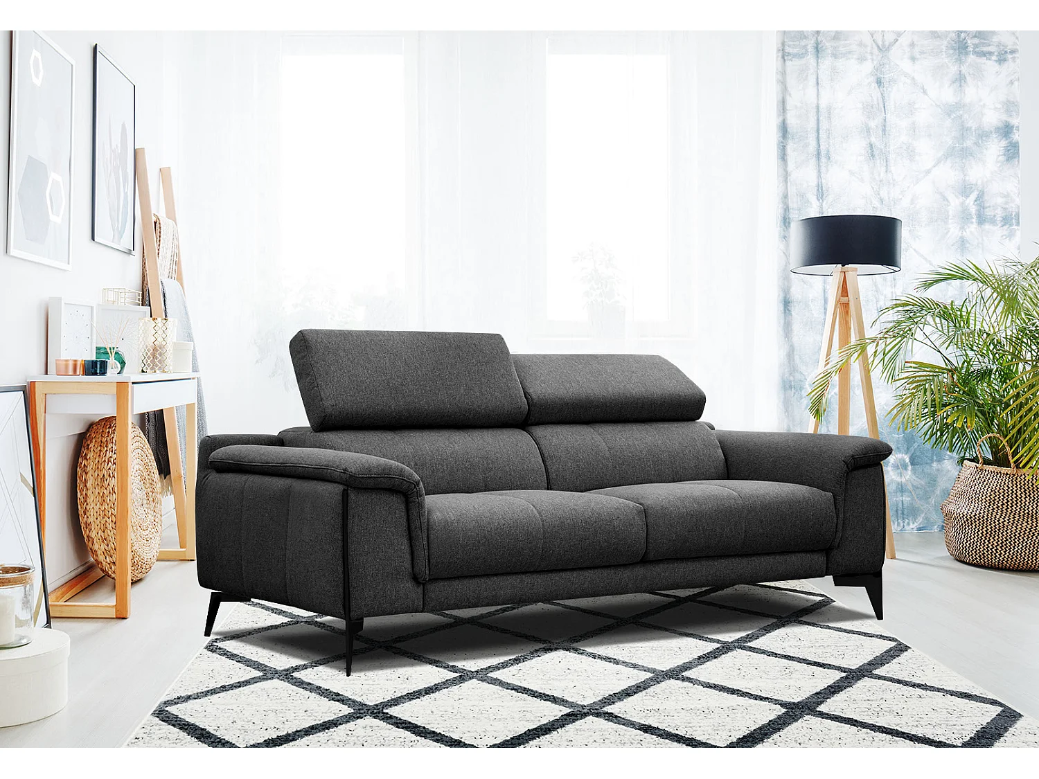 MATERA Sofa 3-Sitzer mit verstellbare Kopfstützen, schwarz