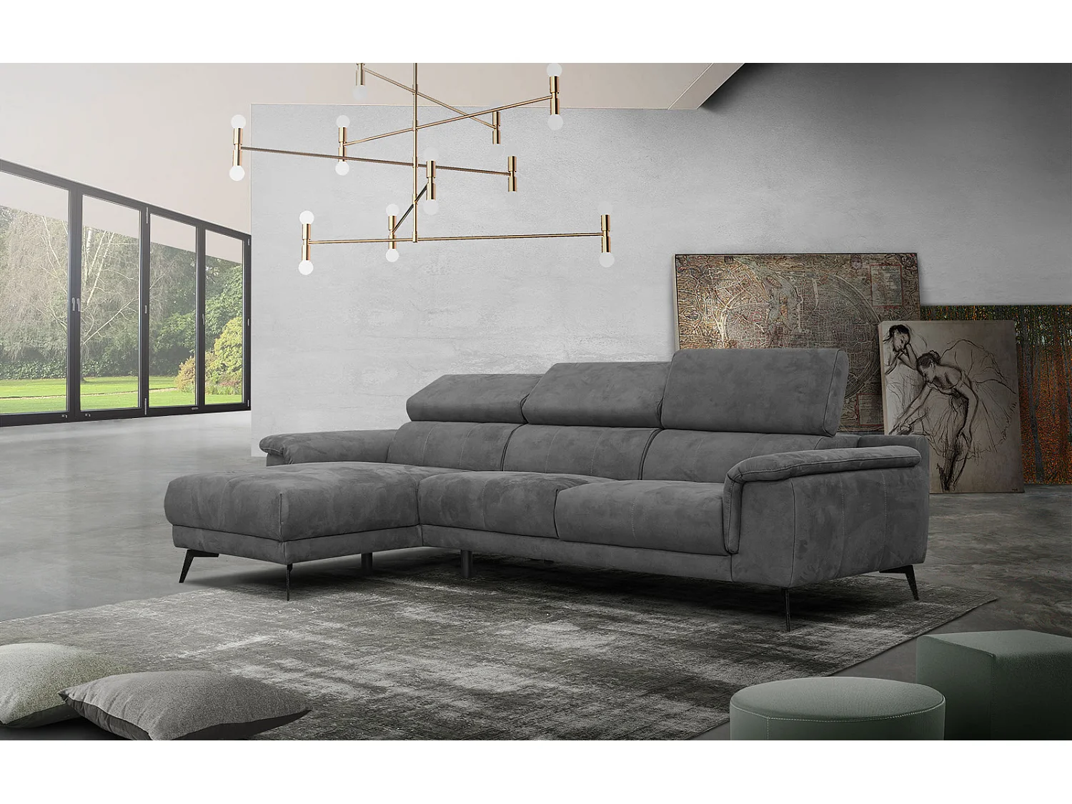 FIERO Ecksofa 4-Sitzer links mit verstellbare Kopfstützen, dunkelgrau